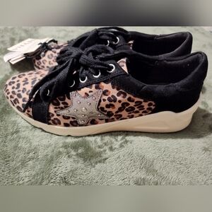 Myra Brown and Black Sneakers with Leopard Print and Silver Star